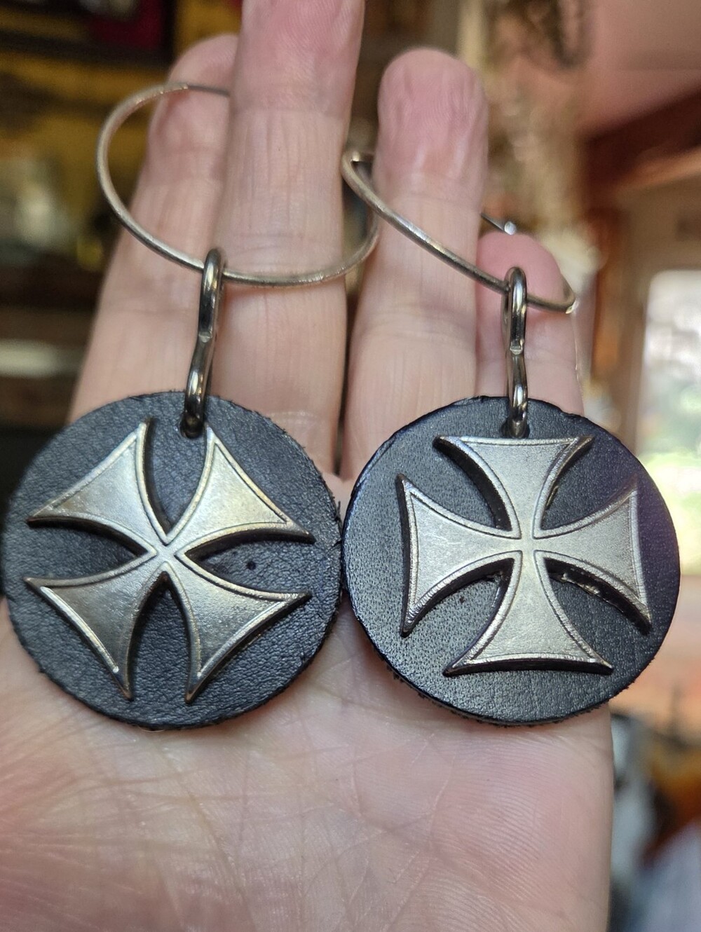 Black Leather Handmade Earrings wSilver Maltese Cross Emblem Silver Plated Hoop - Picture 2 of 6